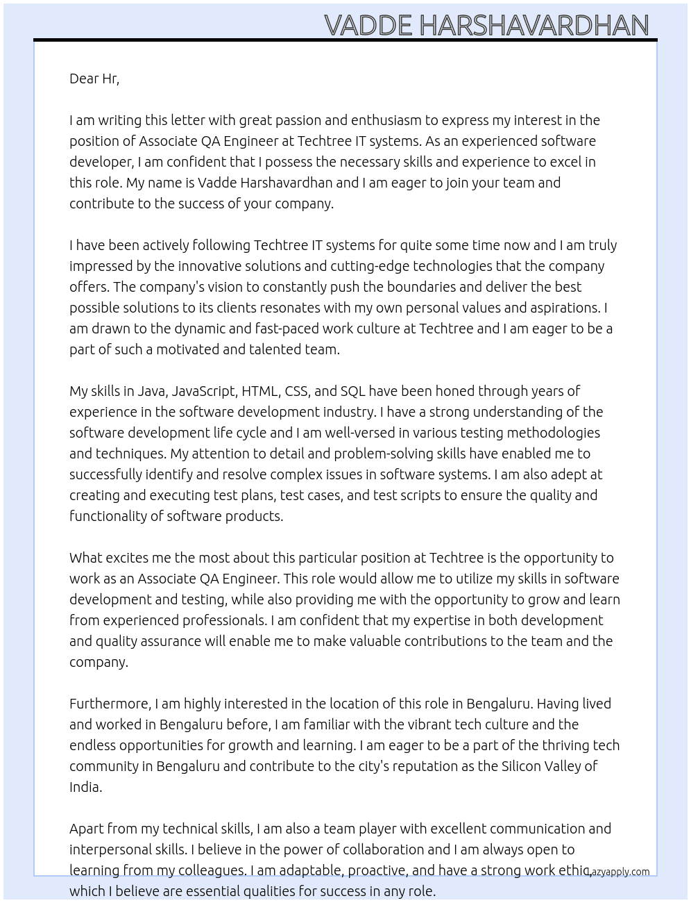Software developer  At Techtree IT systems  Cover Letter