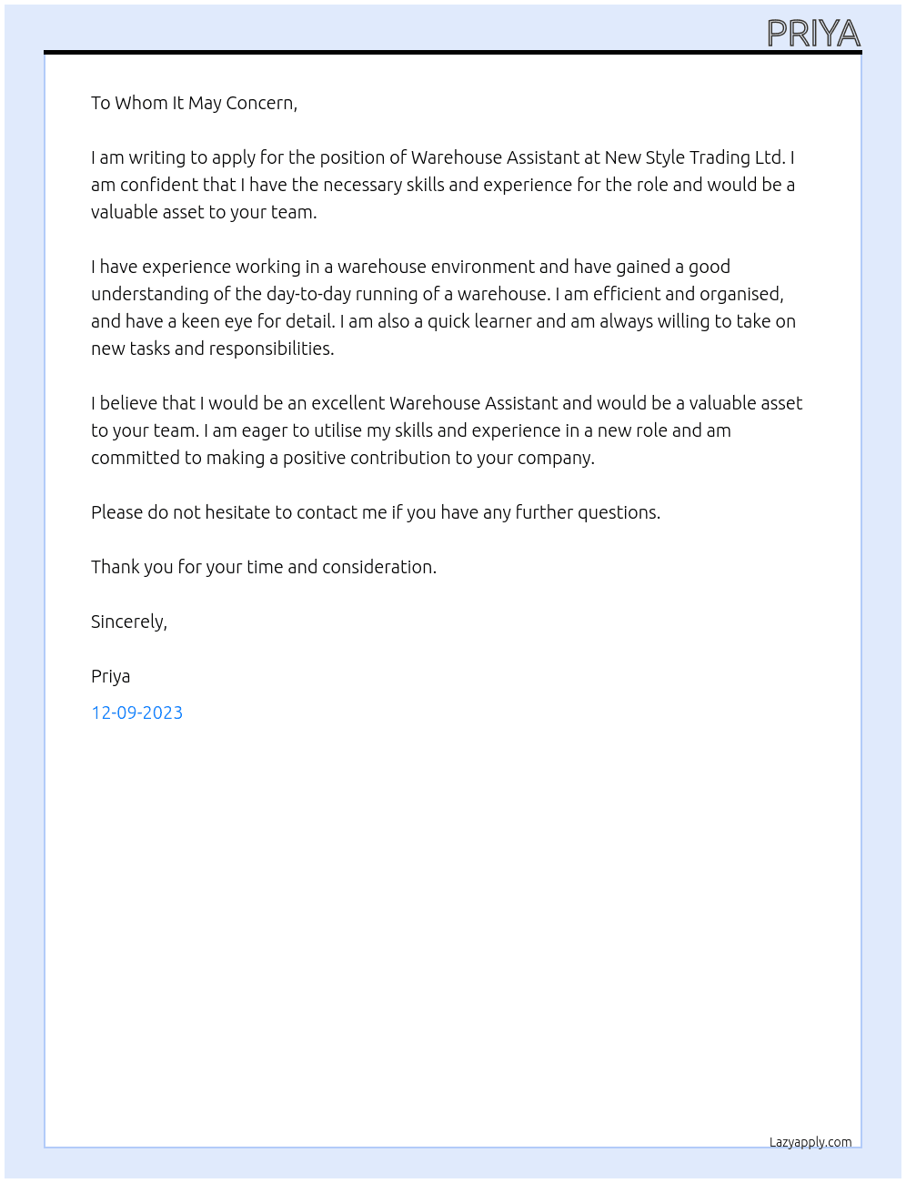 Warehouse assistant  At New style trading ltd. Cover Letter