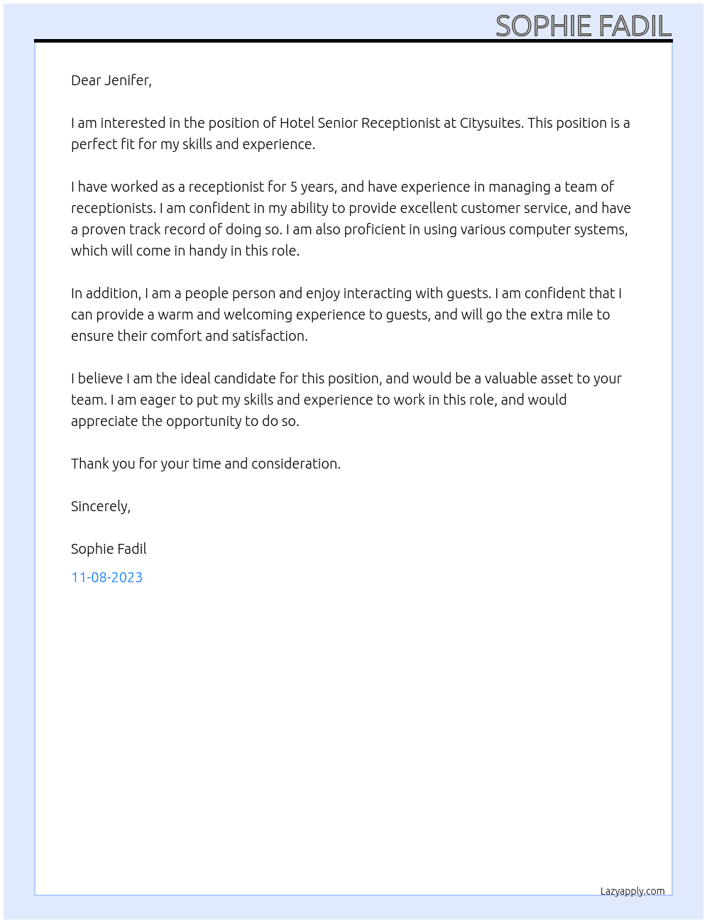 Hotel Senior Receptionist At Citysuites Cover Letter