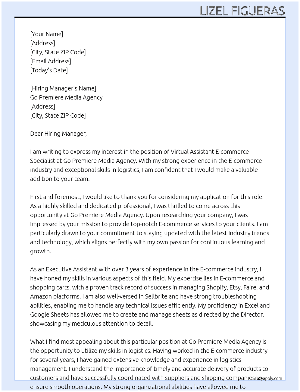 Virtual Assistant E-commerce Specialist At Go Premiere Media Agency Cover Letter