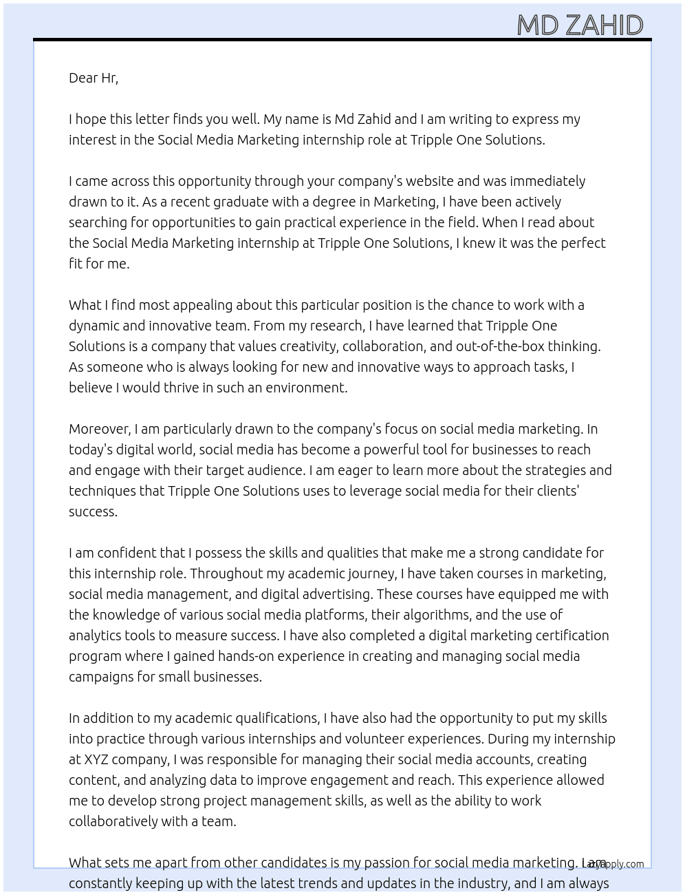 Social Media Marketing  At Tripple One Solutions Cover Letter