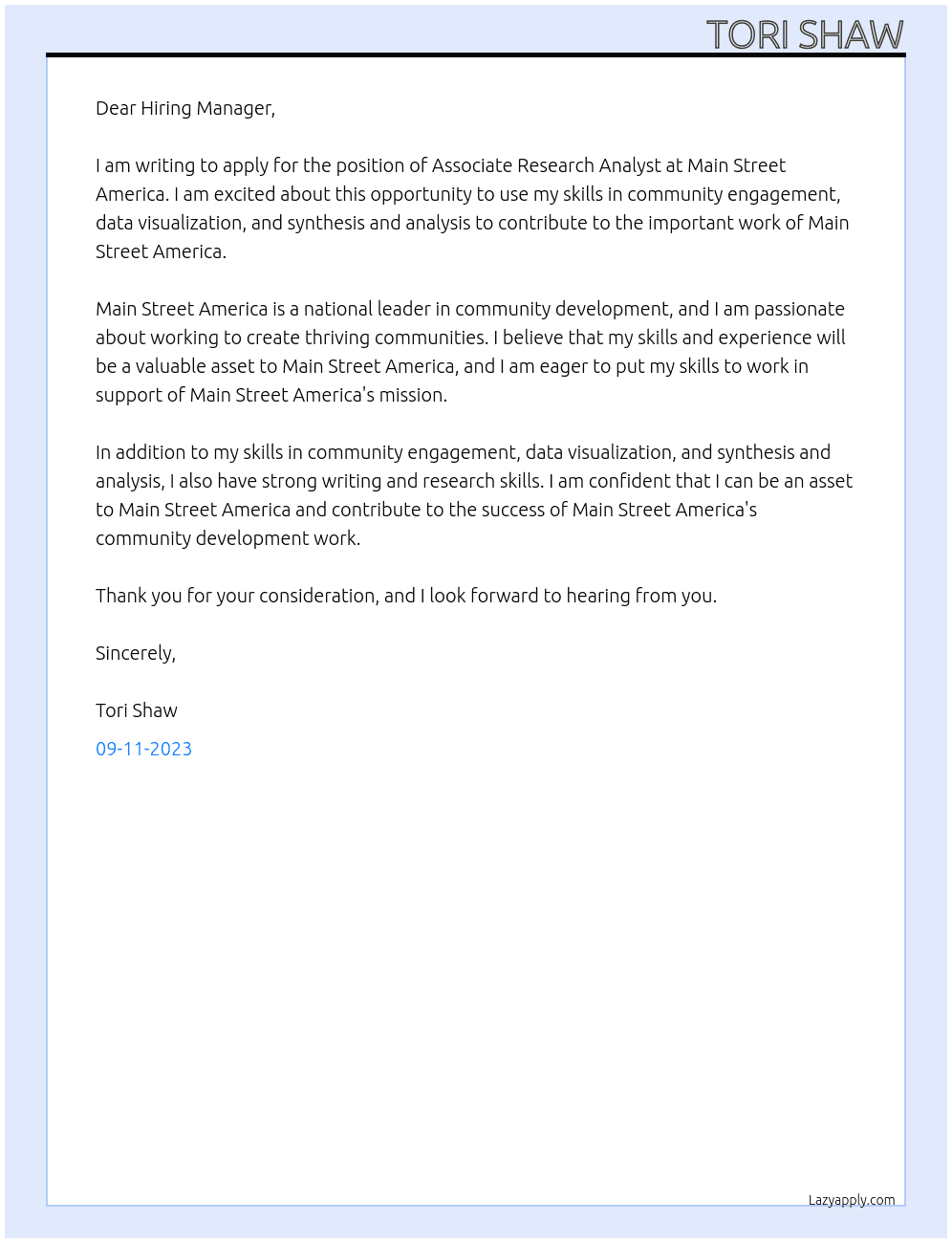 Associate Research Analyst At Main Street America Cover Letter