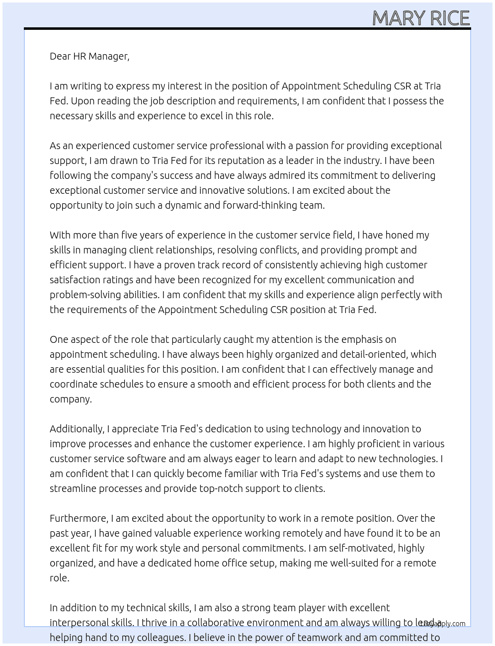 Appointment Scheduling CSR At Tria Fed Cover Letter