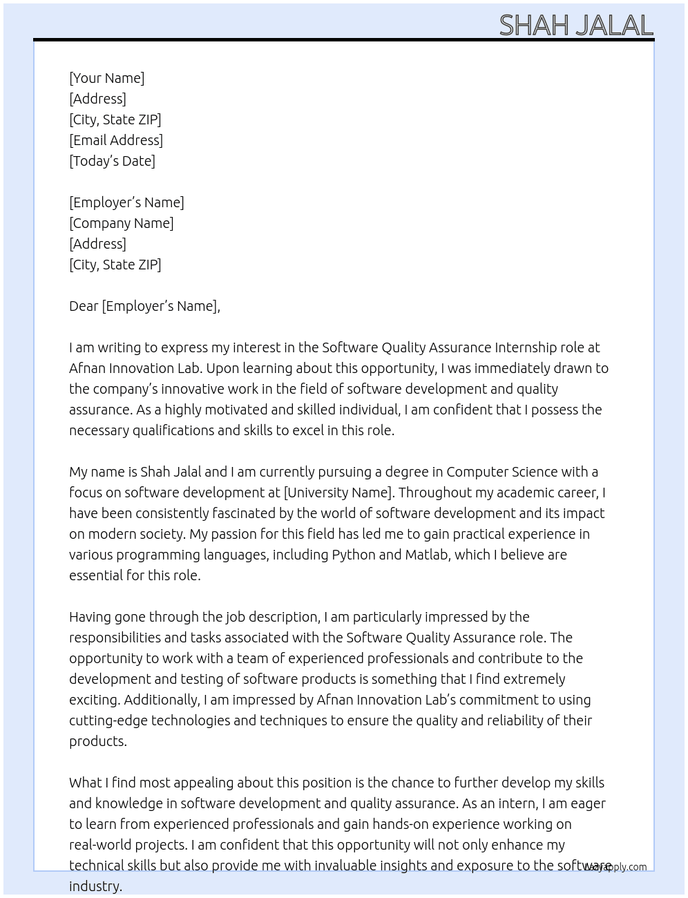 Software Quality Assurance At Afnan Innovation Lab Cover Letter
