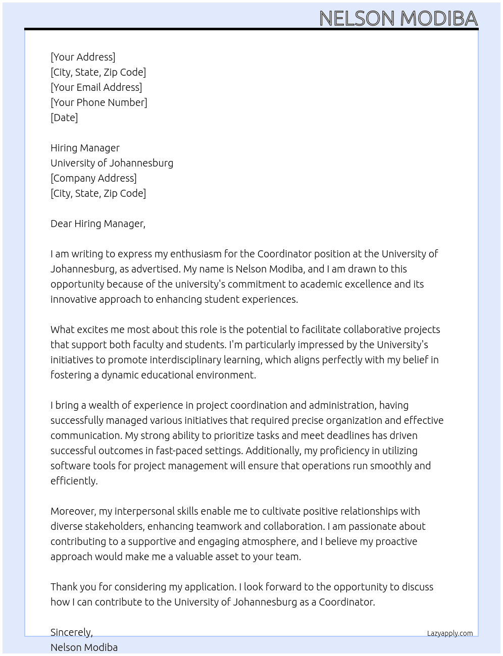 Coordinator At University of Johannesburg Cover Letter