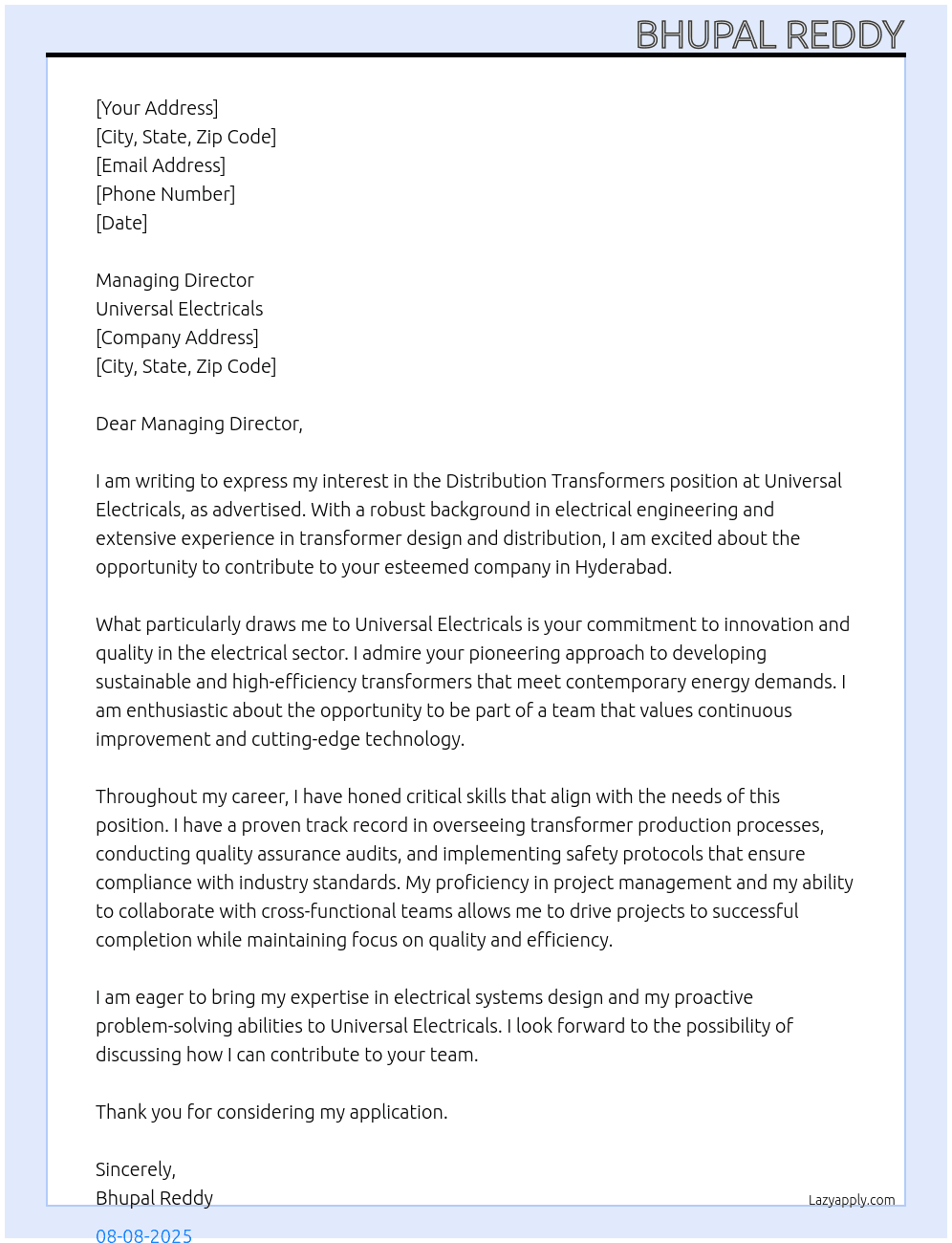 DISTRIBUTION TRANSFORMERS At UNIVERSAL ELECTRICALS Cover Letter