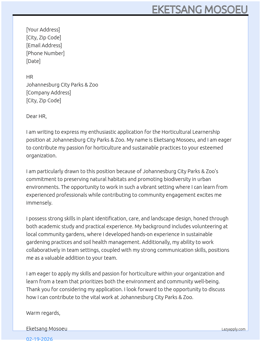 Horticultural Learnership At JOHANNESBURG CITY PARKS & ZOO Cover Letter