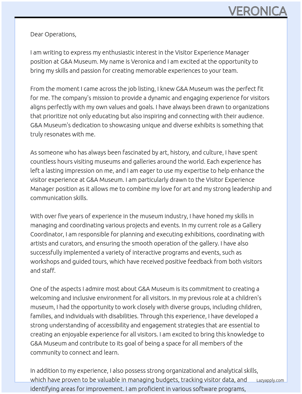 Visitor Experience Manager At G&A Museum Cover Letter