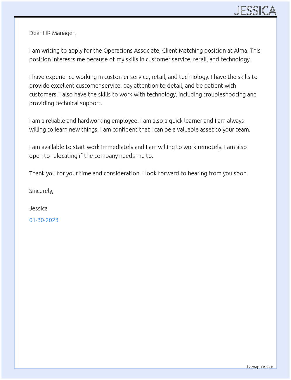 Operations Associate, Client Matching At Alma Cover Letter
