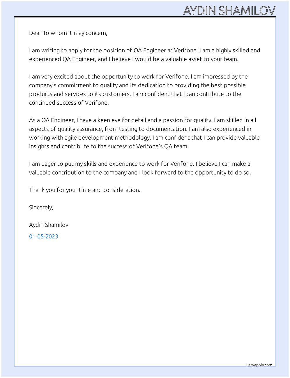 QA Engineer At Verifone Cover Letter