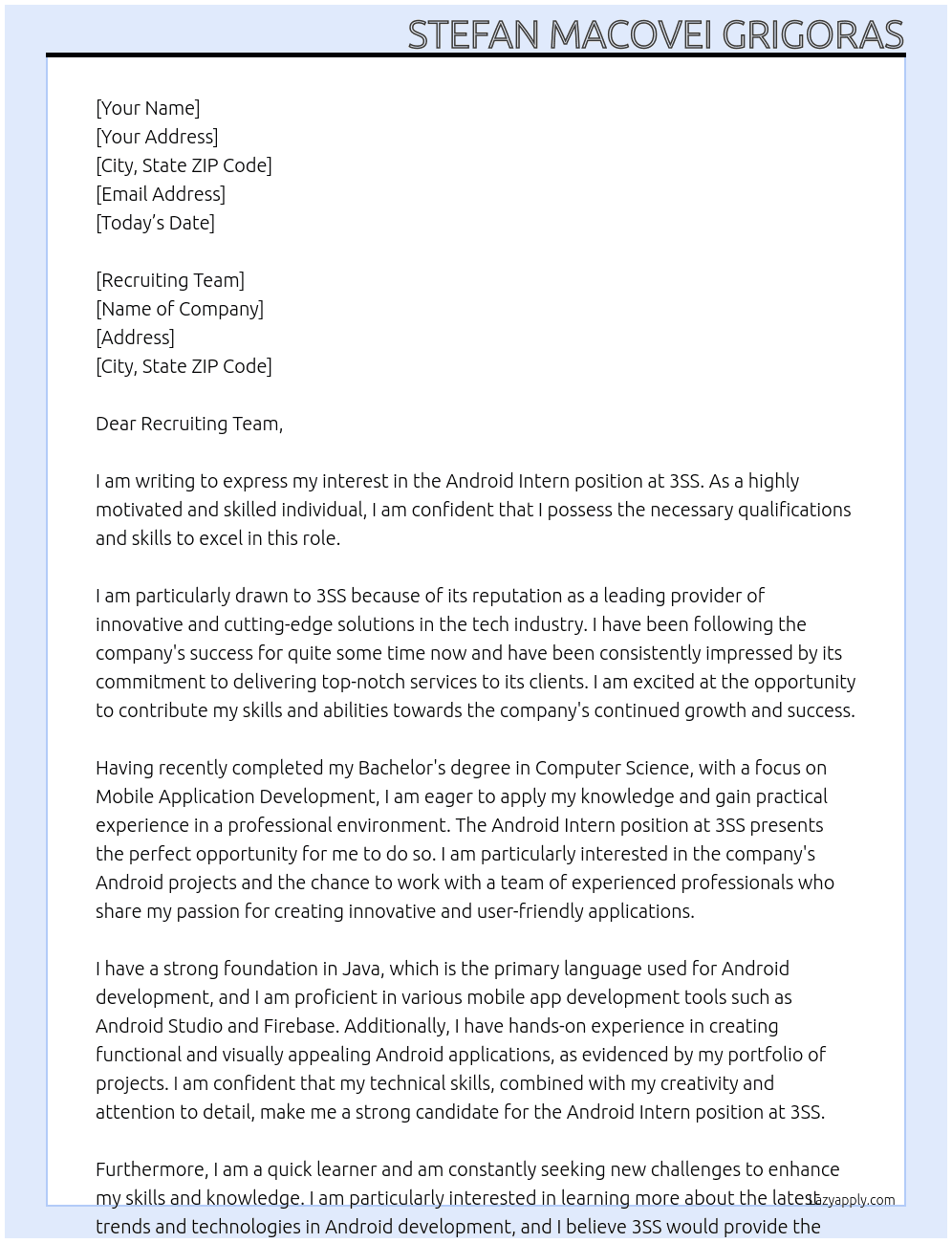 Android Intern At 3SS  Cover Letter