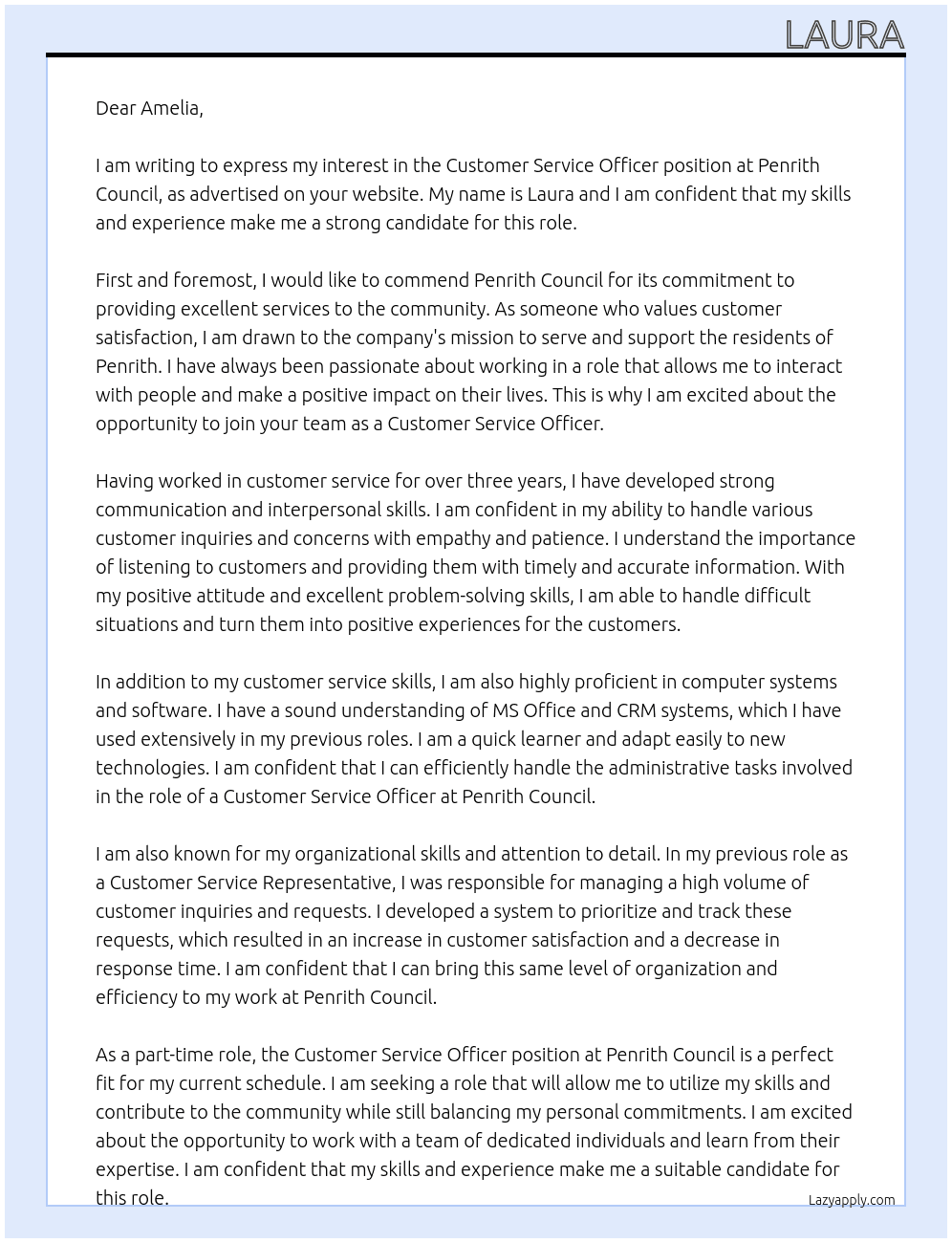 Customer service officer  At Penrith council  Cover Letter