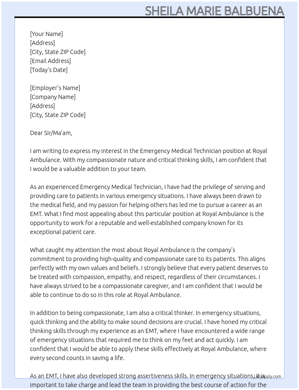 Emergency Medical Technician  At Royal Ambulance Cover Letter
