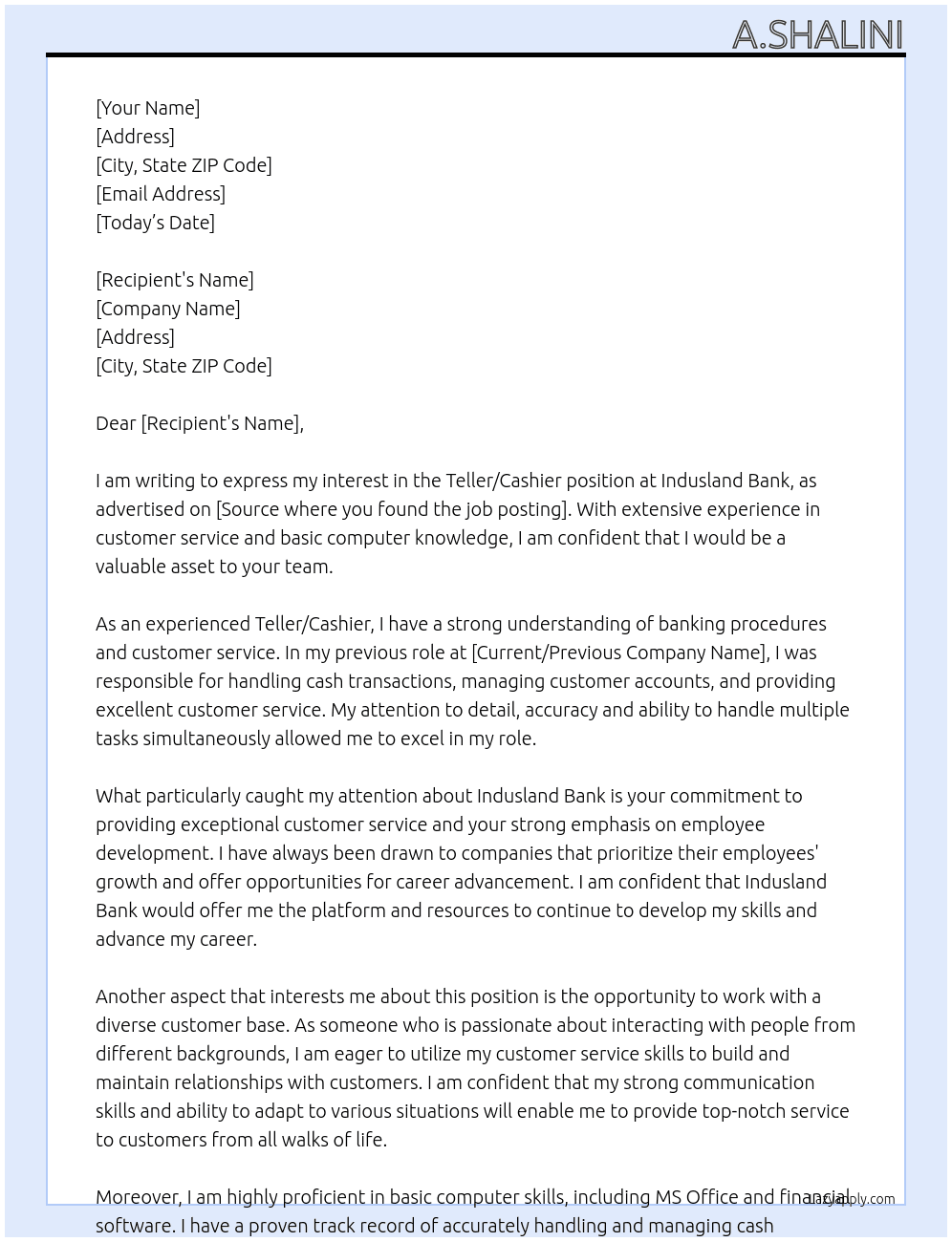 Teller/Cashier  At Indusland Bank  Cover Letter