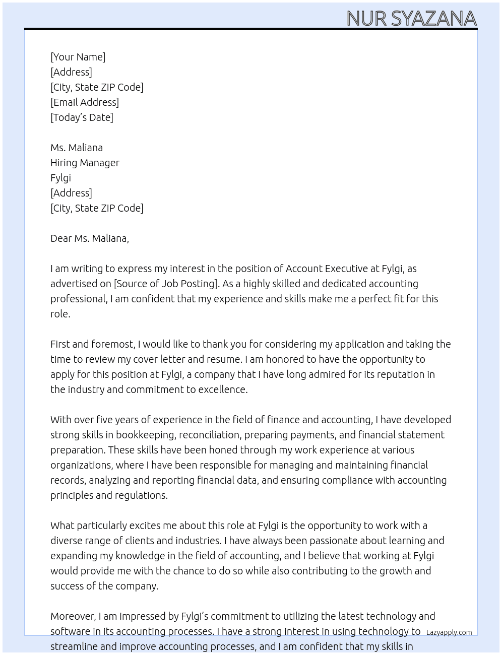 Account Executive At Fylgi Cover Letter