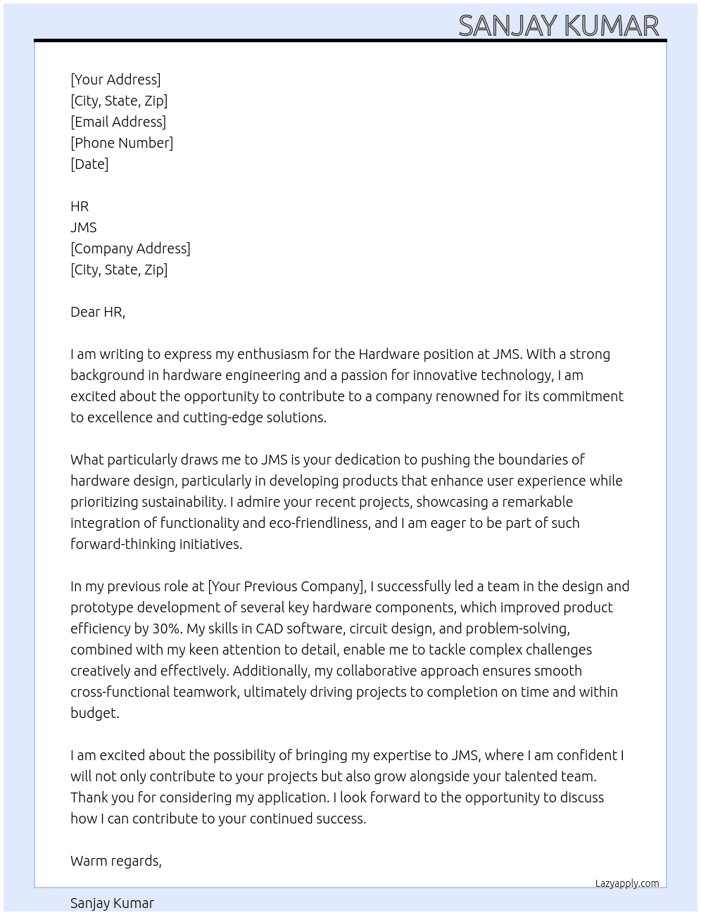 Hardware  At JMS  Cover Letter
