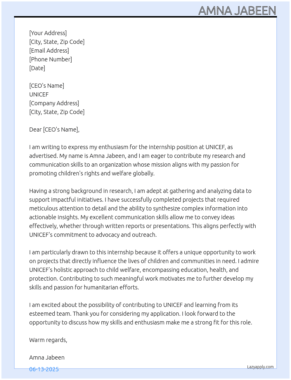 Unicef internship At UNICEF Cover Letter