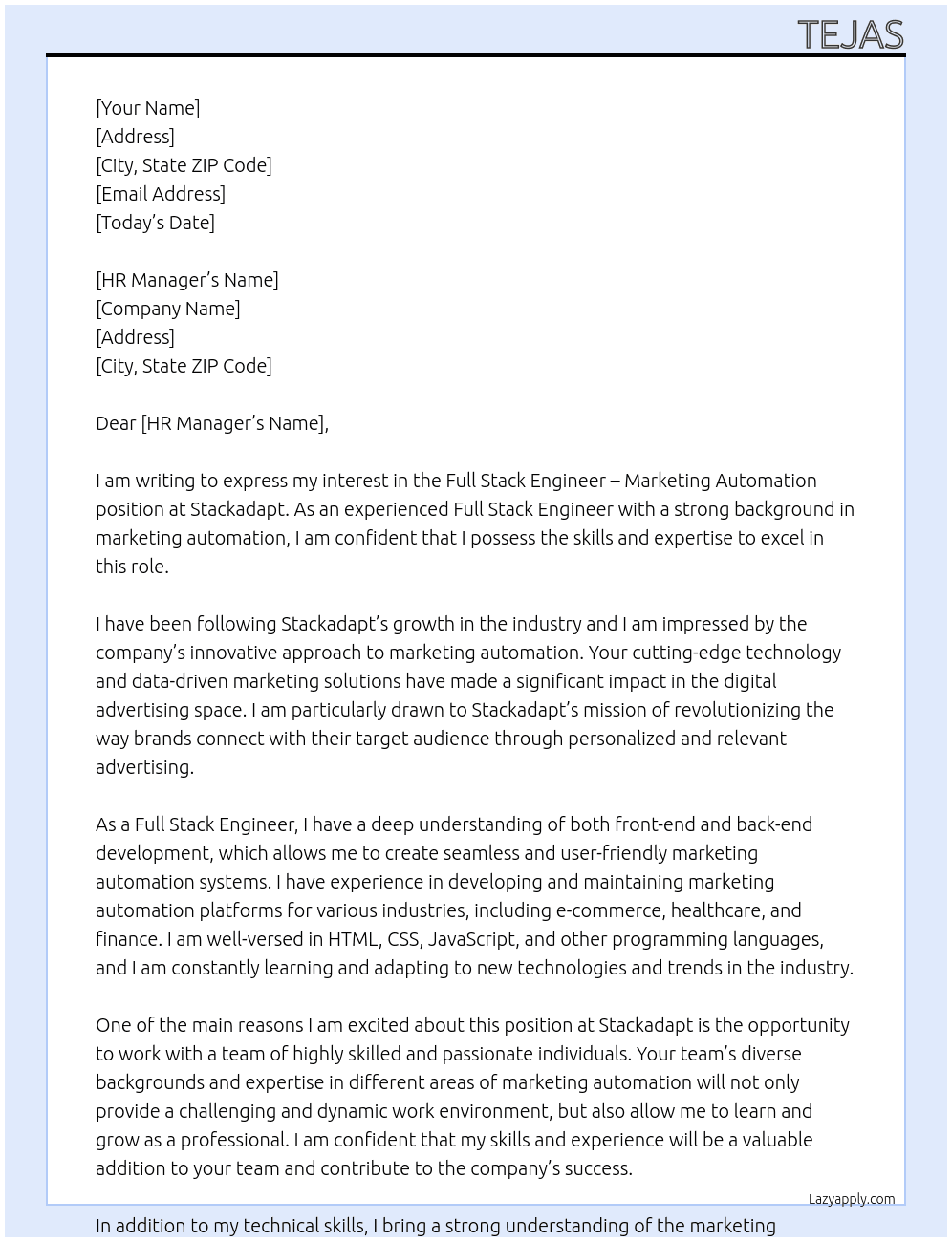 Full Stack Engineer - Marketing Automation At Stackadapt Cover Letter