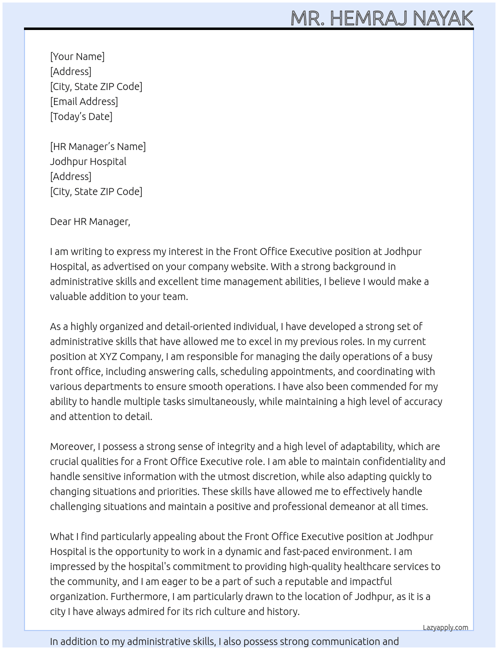 Front Office Executive At Jodhpur Hospital Cover Letter