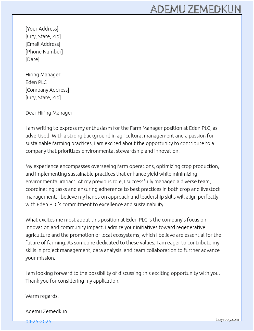 farm manager At eden plc Cover Letter