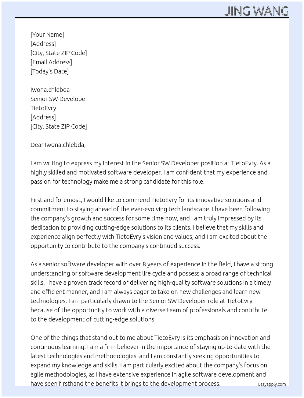 senior SW developer  At TietoEvry Cover Letter