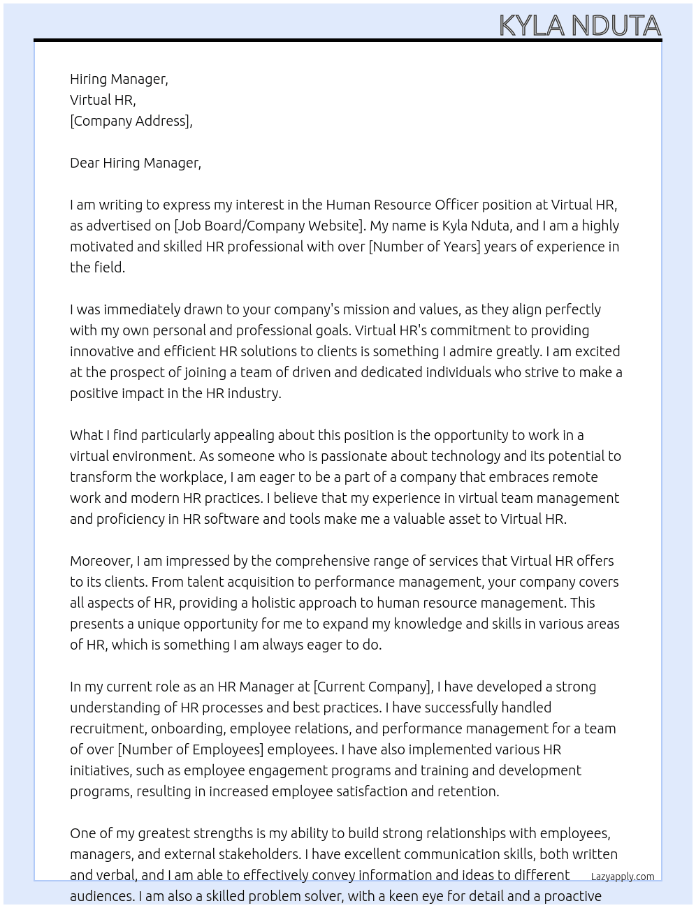Human Resource Officer At Virtual HR Cover Letter