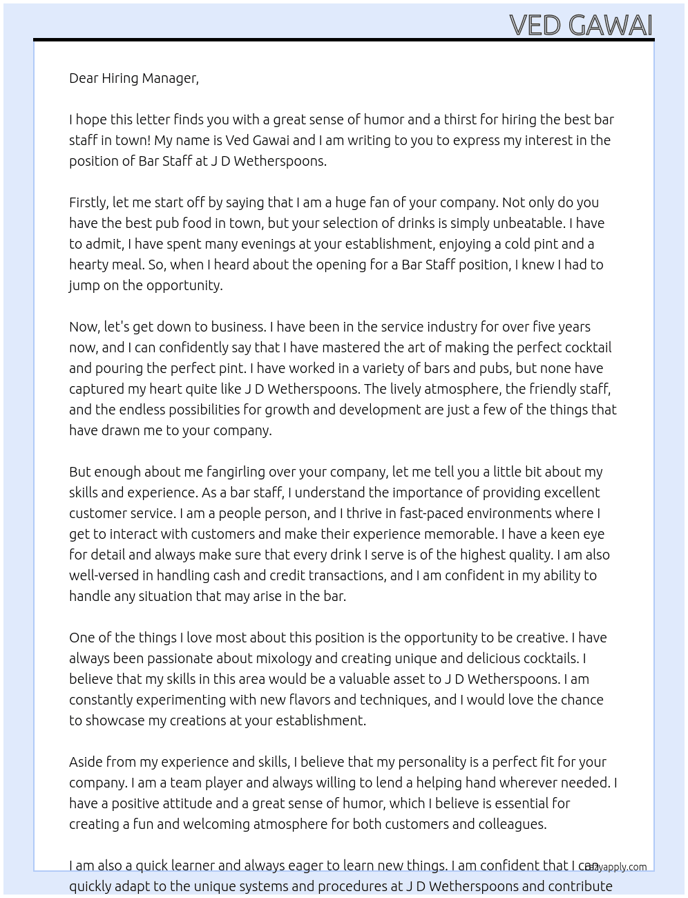 Bar Staff At J D Wetherspoons Cover Letter