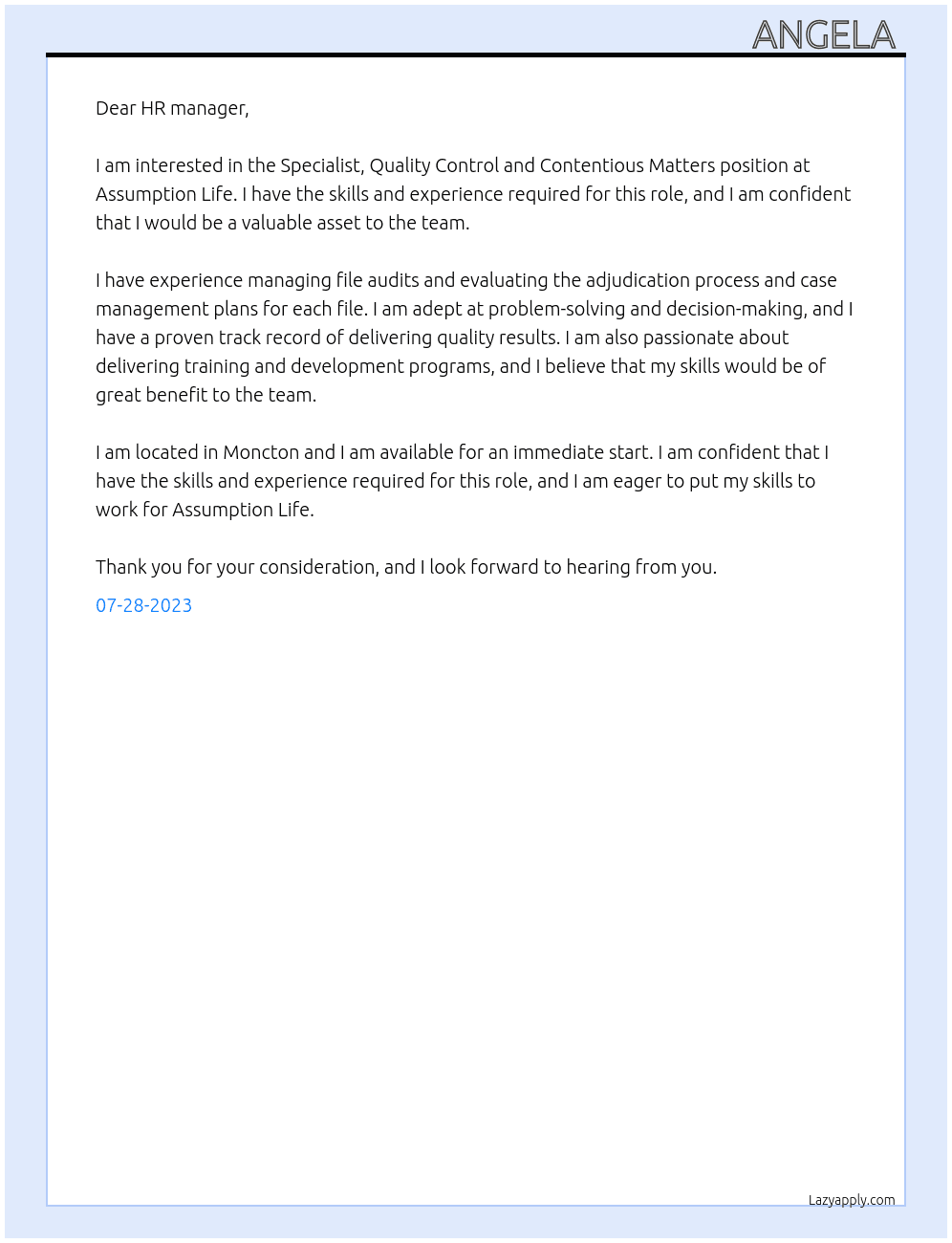 Specialist, Quality Control and Contentious Matters At Assumption Life  Cover Letter
