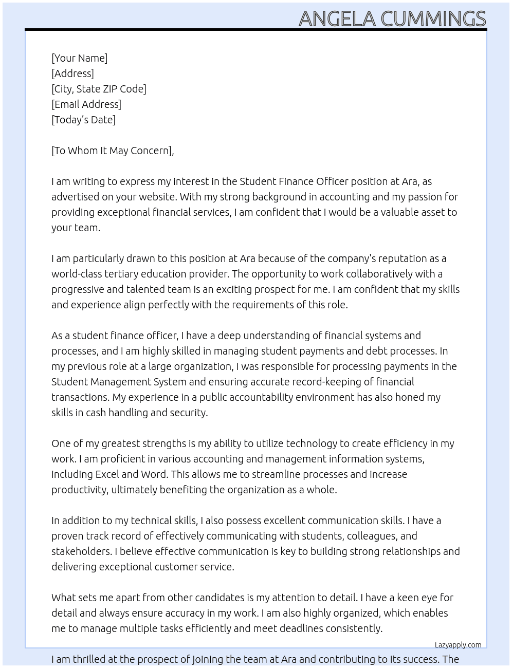 Student Finance Officer  At Ara  Cover Letter