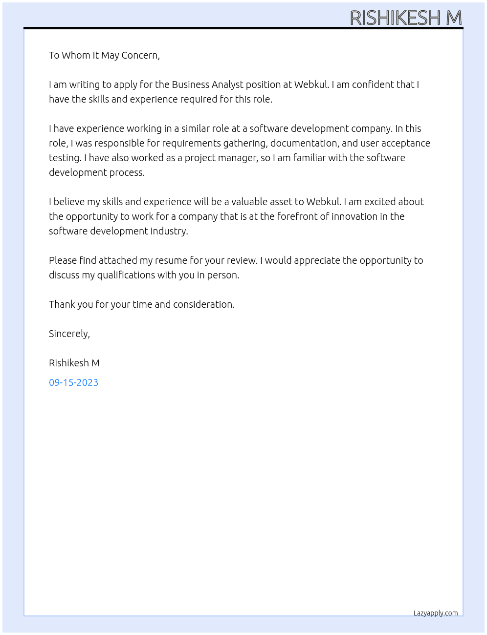 Business Analyst At Webkul Cover Letter