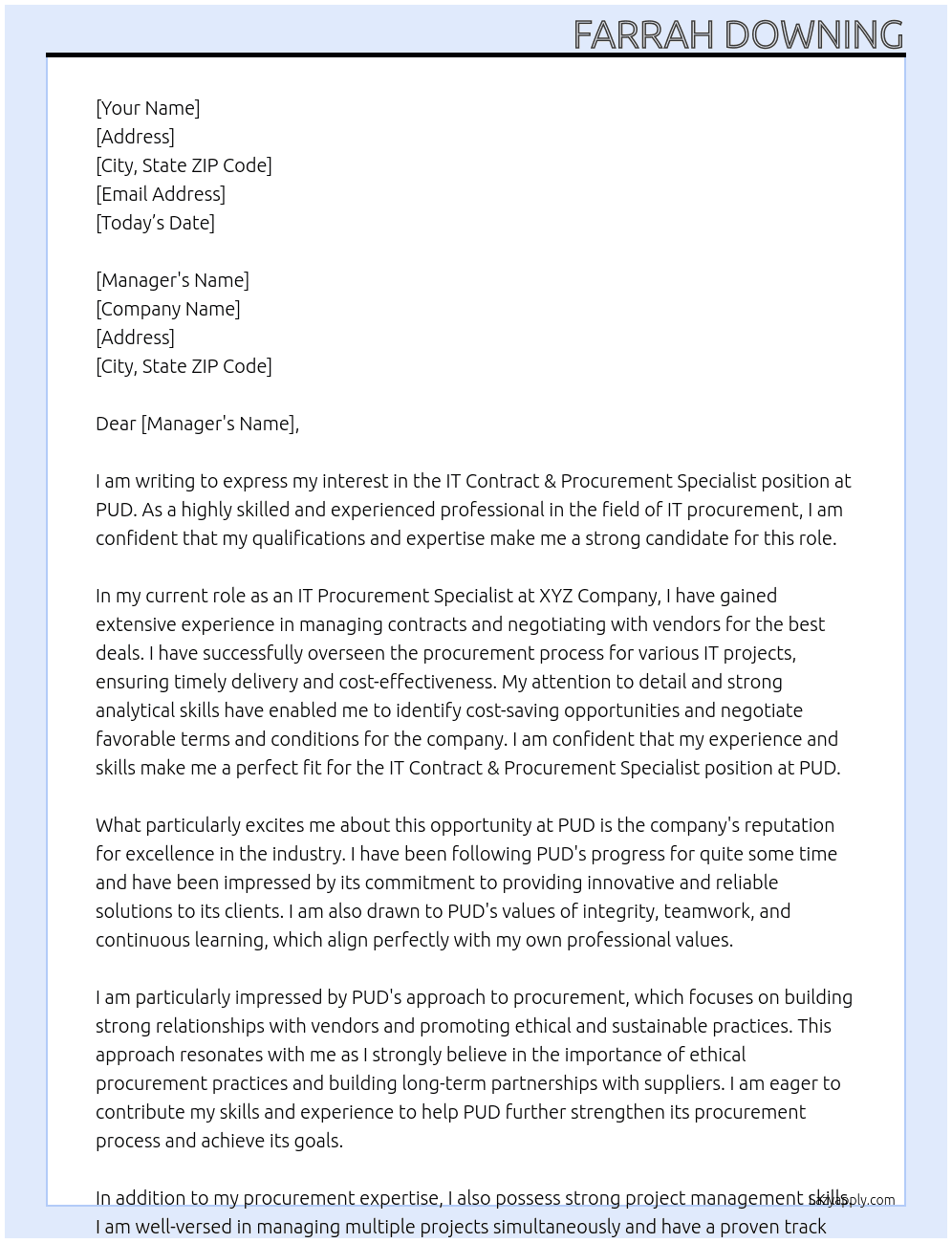 IT Contract & Procurement Specialist At PUD Cover Letter