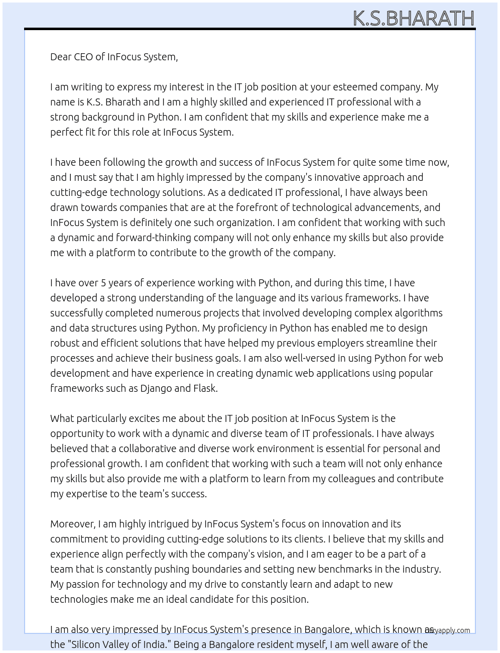IT job At InFocus system  Cover Letter