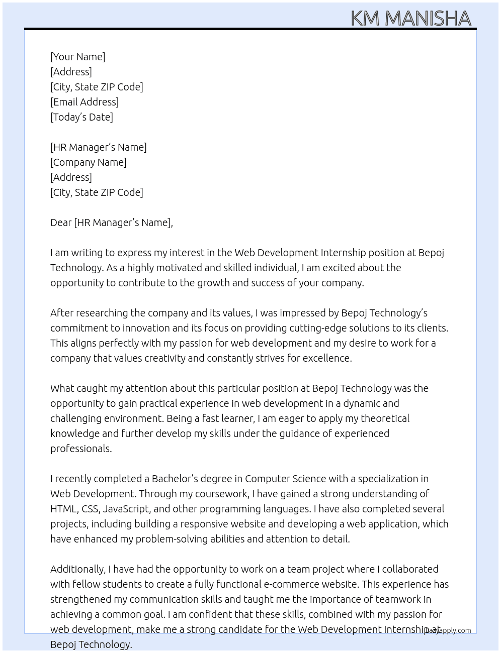 Web development Internship  At Bepoj Technology  Cover Letter