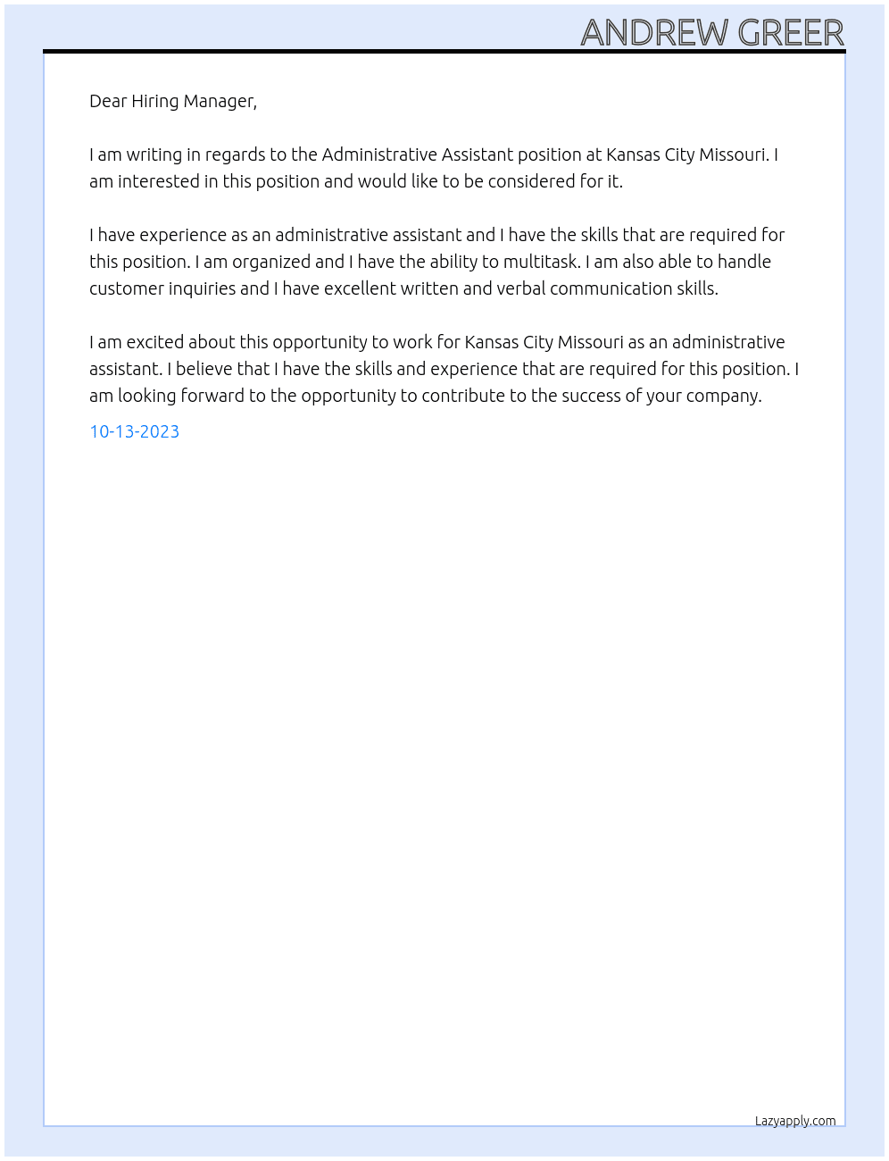 Administrative Assistant  At Kansas City Missouri Cover Letter