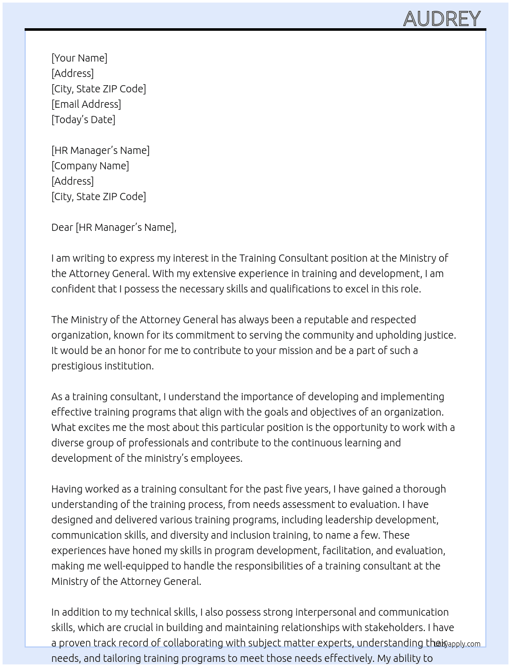 Training consultant At Ministry of the Attorney General Cover Letter