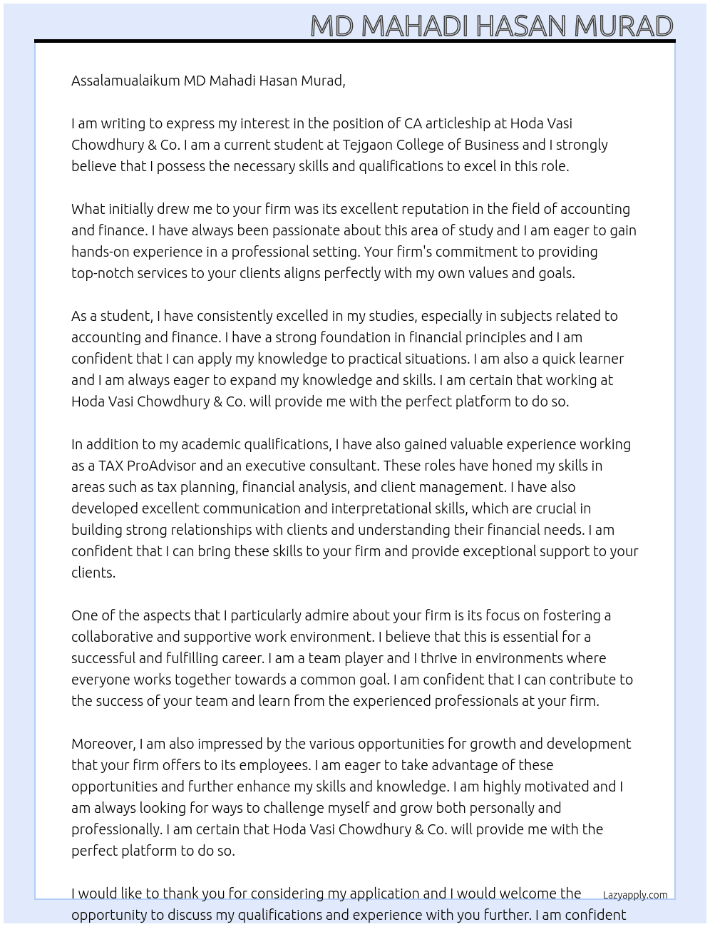 Articleship Student At Hoda Vasi Chowdhury & Co. Cover Letter