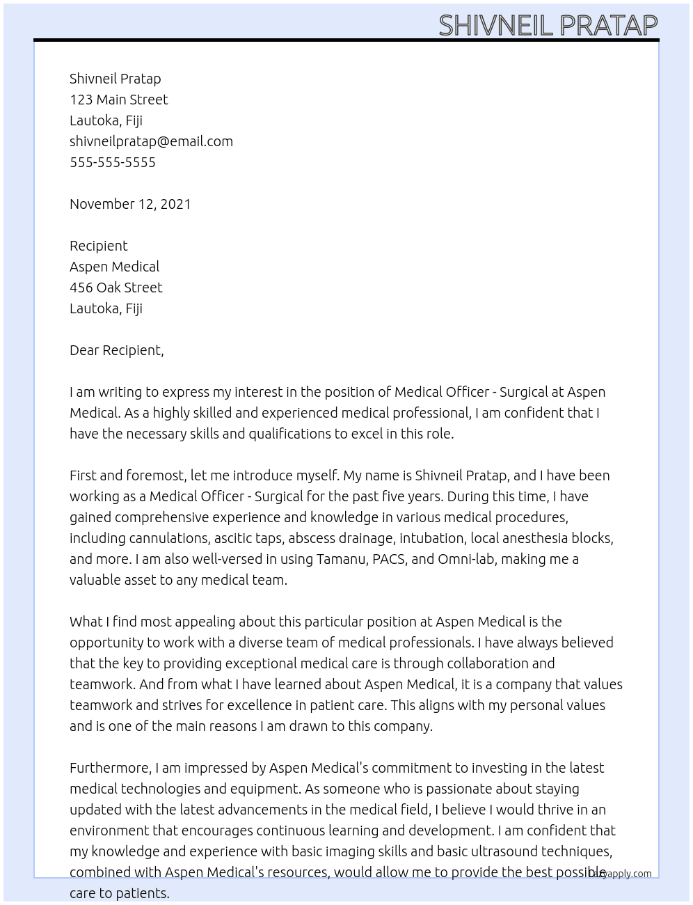 Medical Officer - Surgical At Aspen Medical Cover Letter