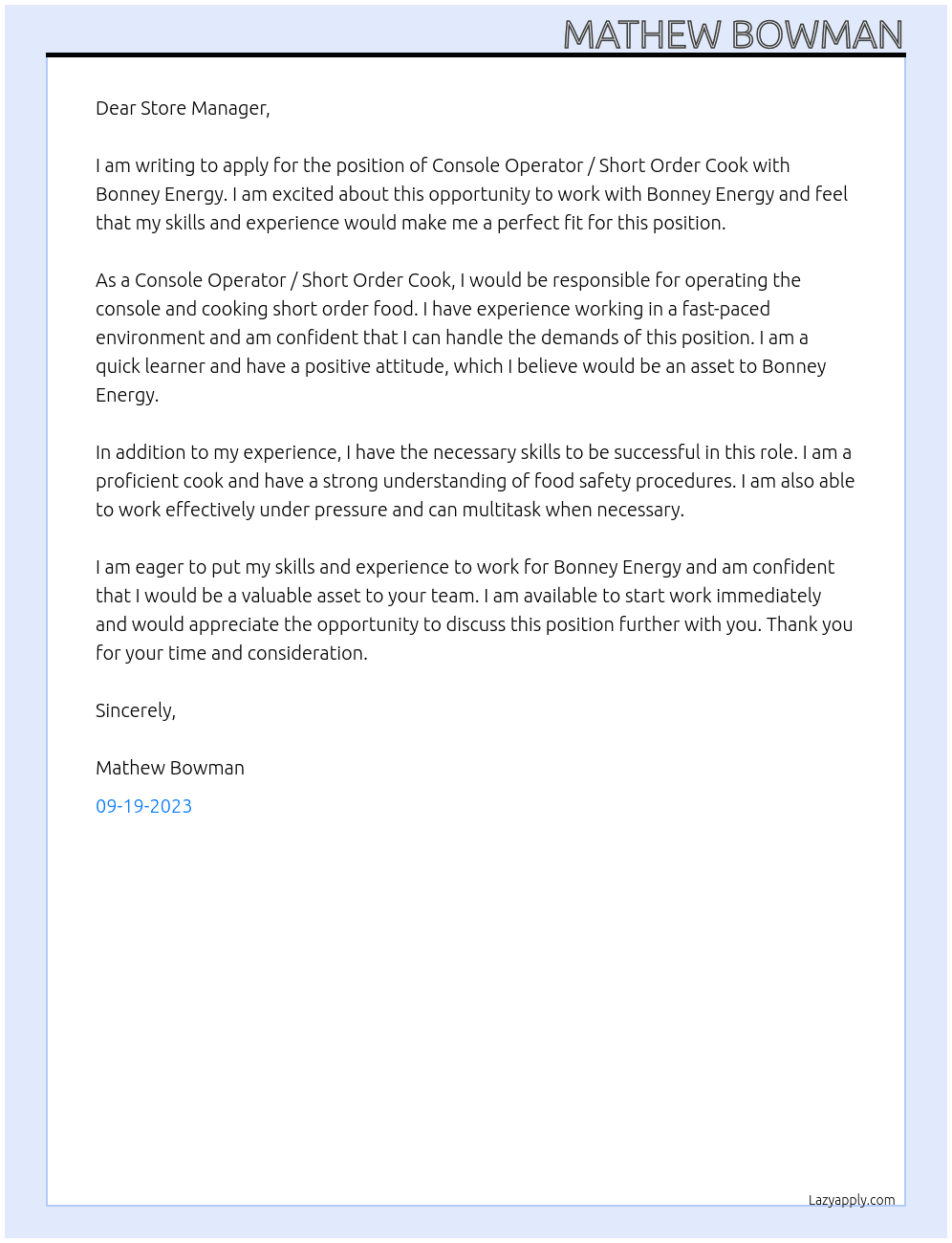 Console Operator / Short Order Cook At Bonney Energy Cover Letter
