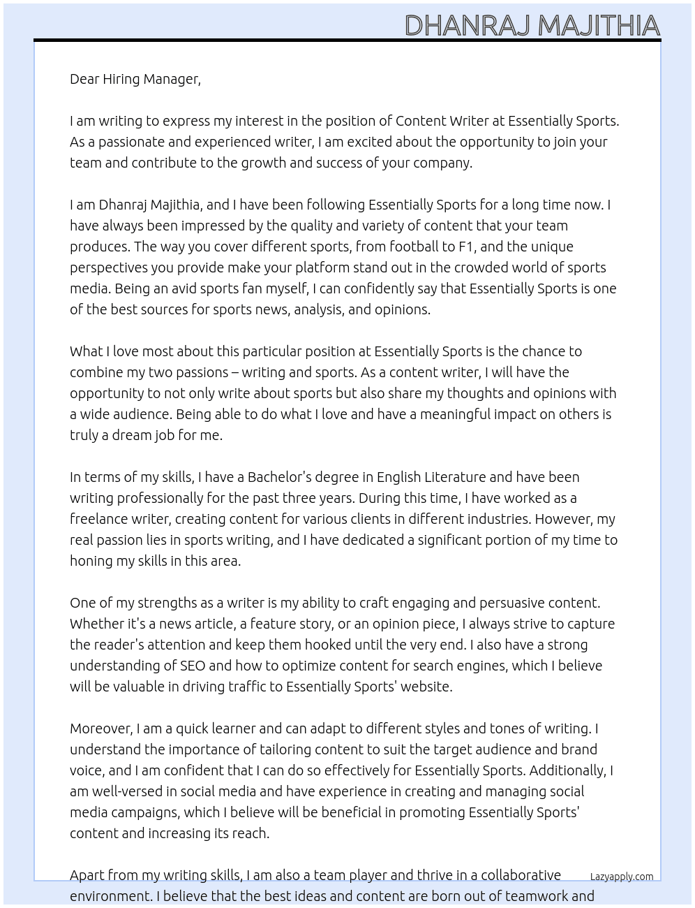 Content Writer At Essentially Sports Cover Letter