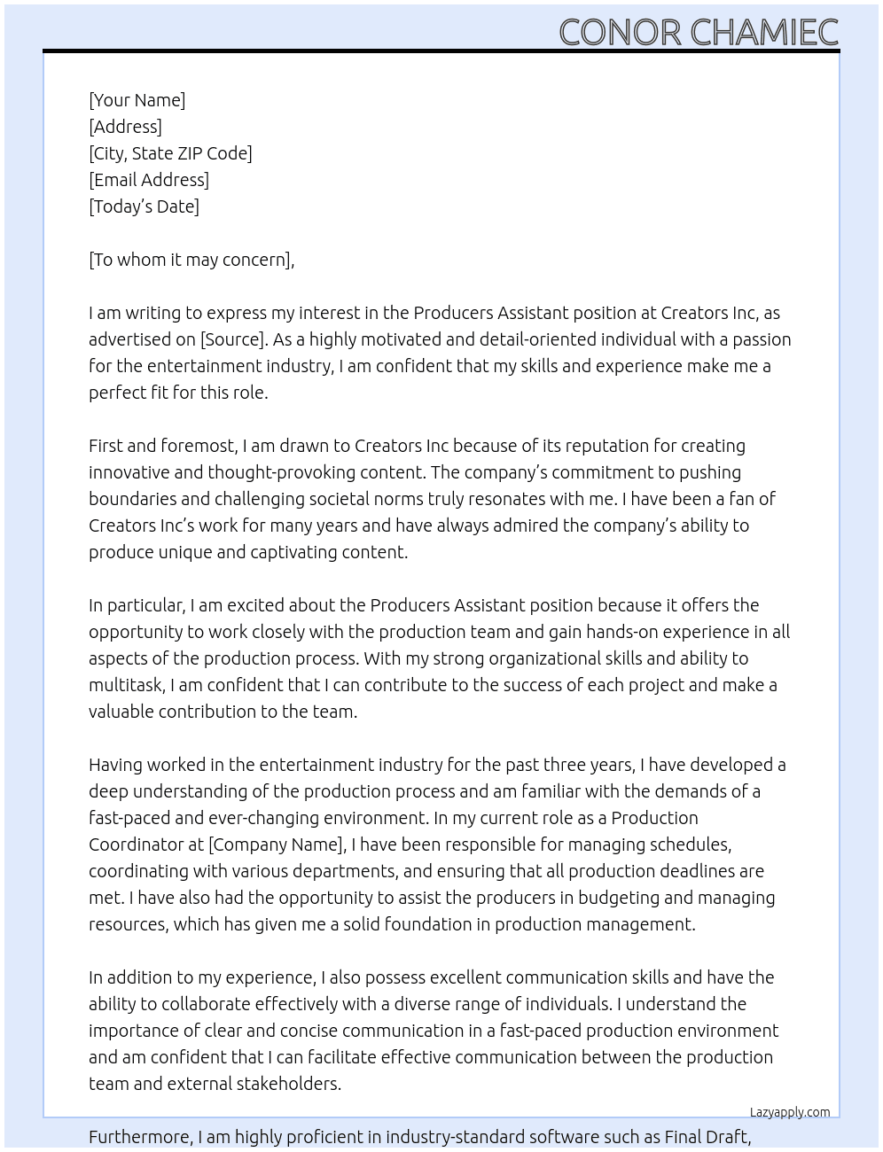 Producers Assistant At Creators Inc Cover Letter