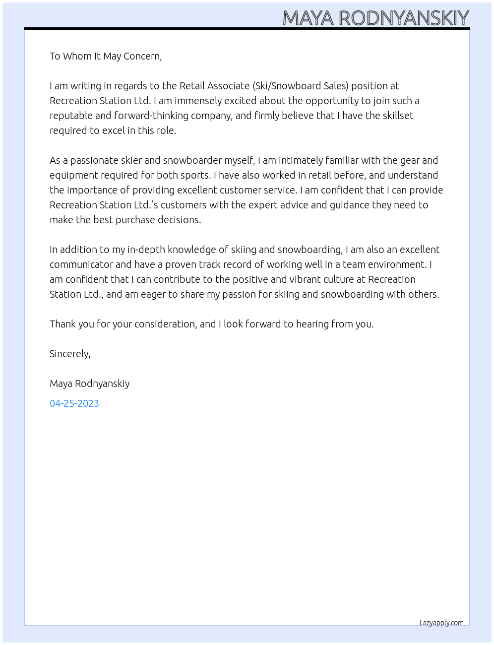 Retail Associate (Ski/Snowboard Sales) At Recreation Station Ltd Cover Letter