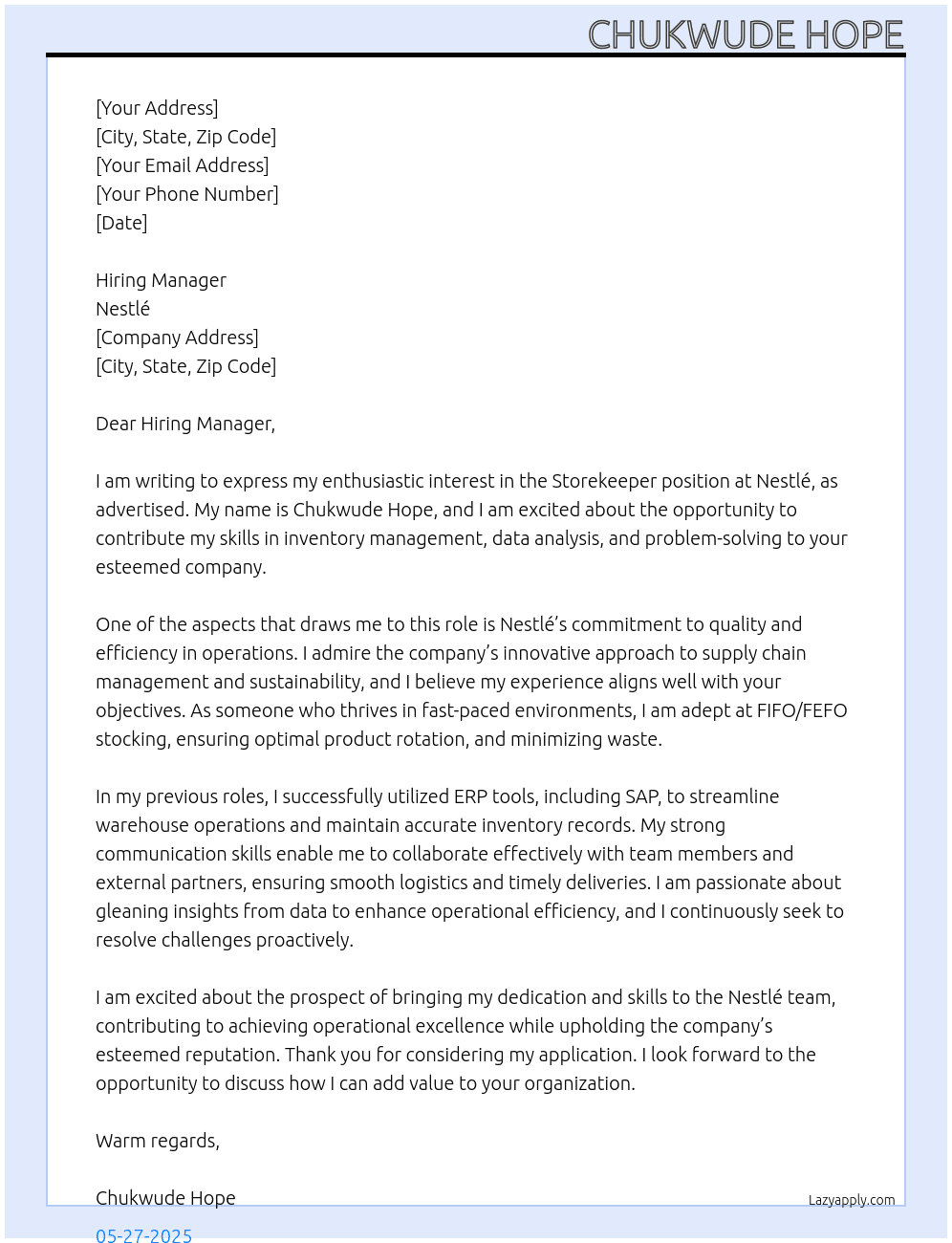 storekeeper At nESTLE Cover Letter