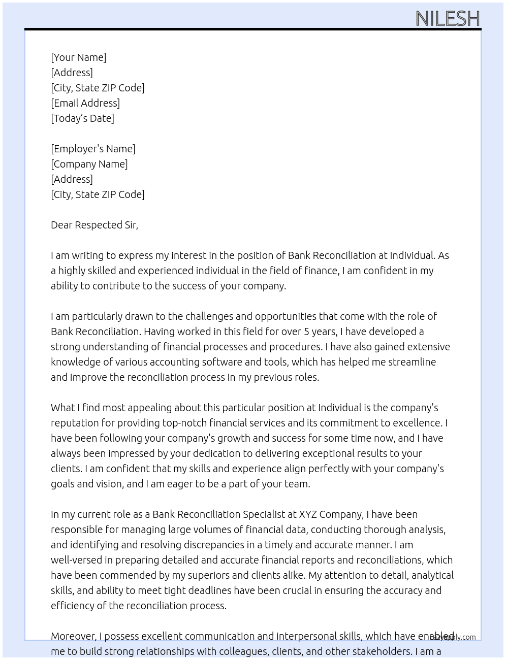 BANK RECONCILATION At INDIVIDUAL Cover Letter