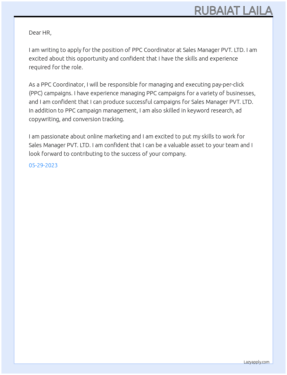 PPC Coordinator At Sales Manager PVT. LTD Cover Letter