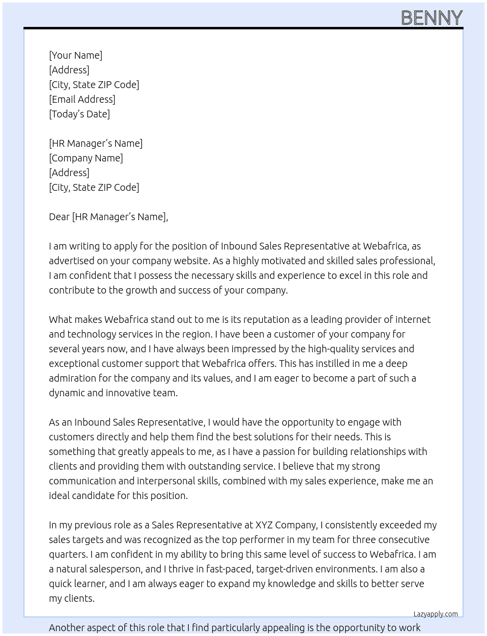 Inbound sales representative At Webafrica Cover Letter