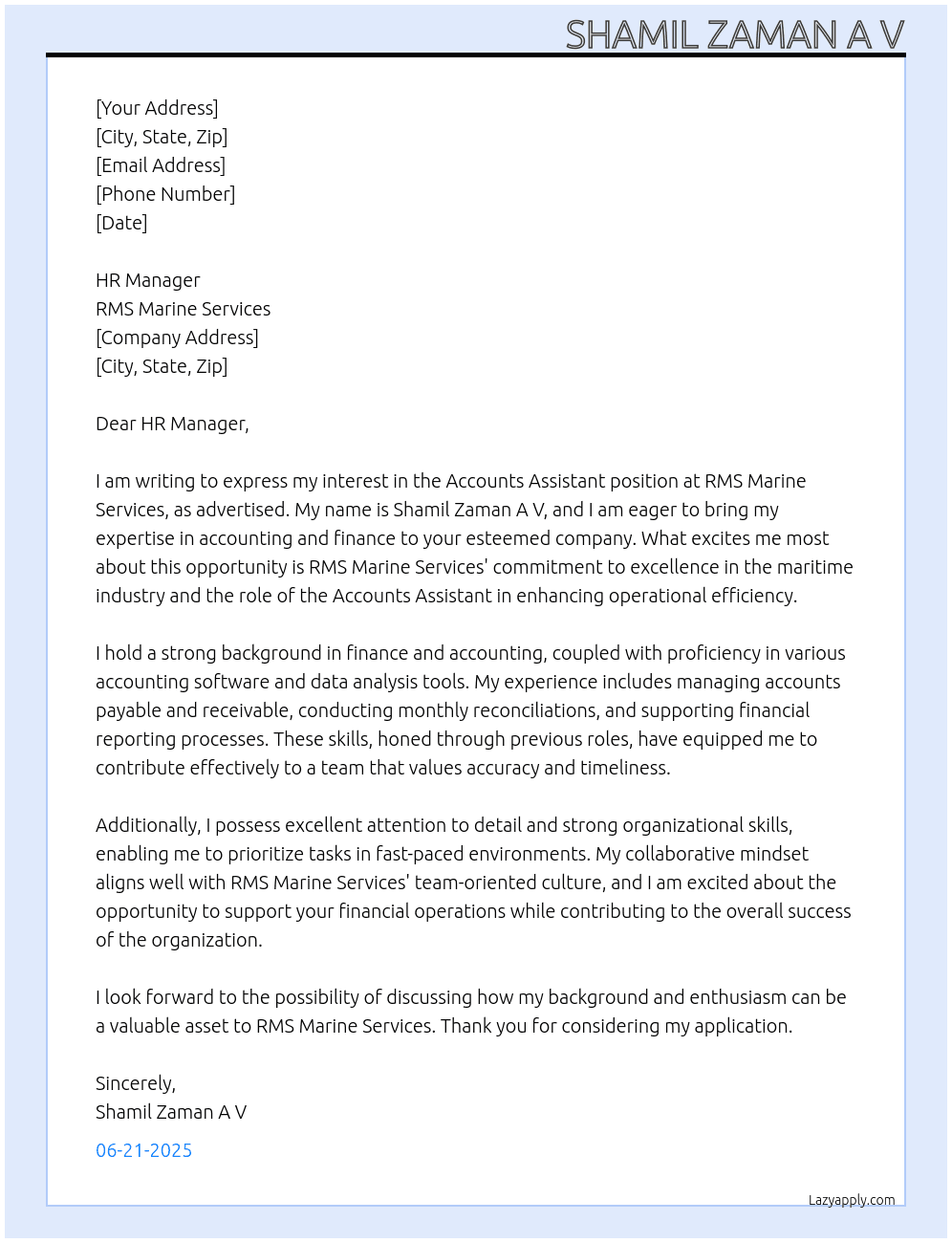 Accounts assistant  At RMS MARINE SERVICES Cover Letter