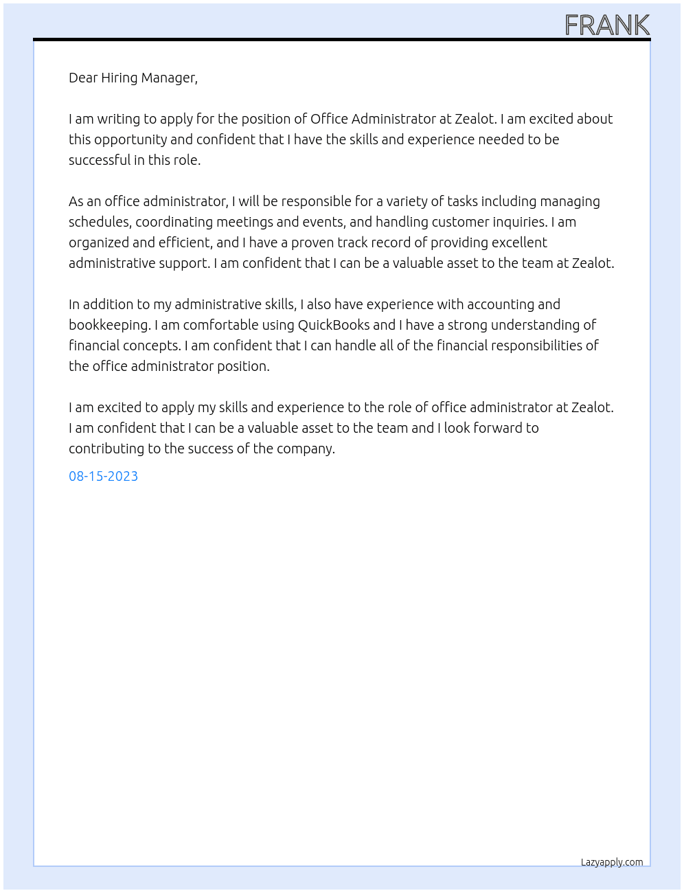 Office Administrator At Zealot Cover Letter