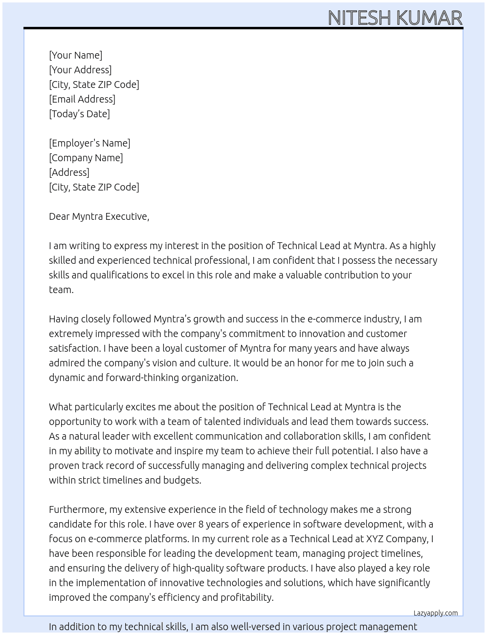 Technical Lead At Myntra Cover Letter