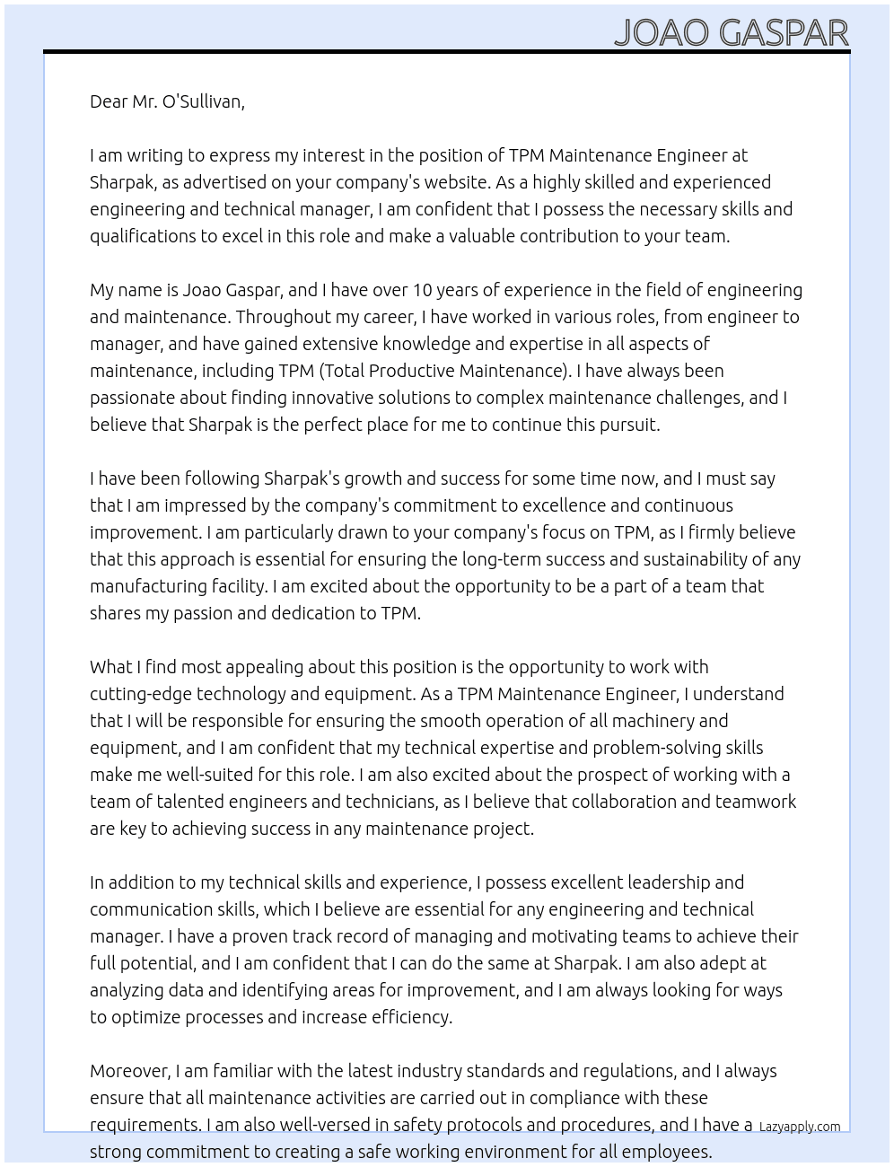 TPM Maintenance Engineer At Sharpak Cover Letter