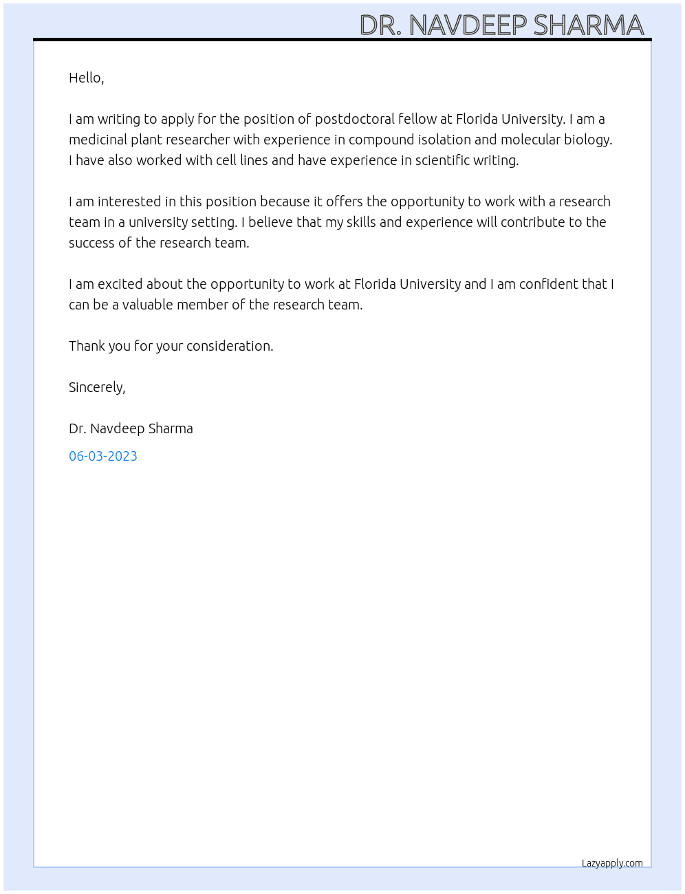 Post doctoral fellow  At Florida University  Cover Letter